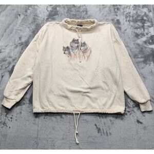Vintage Wek The World Sweatshirt Mens 2(XL) Beige Wolves Wildlife Drawstring Hem